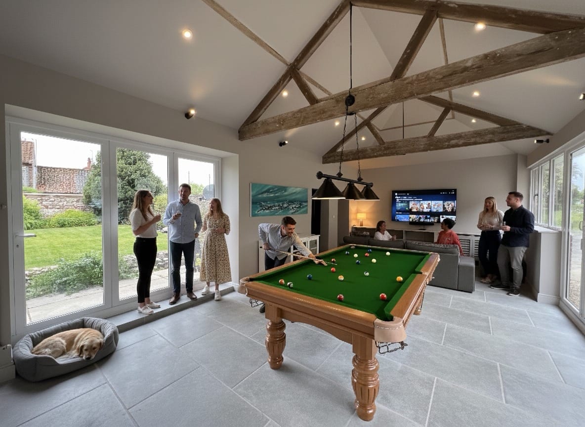 The games room at South Creek Retreat, with a team round the pool table